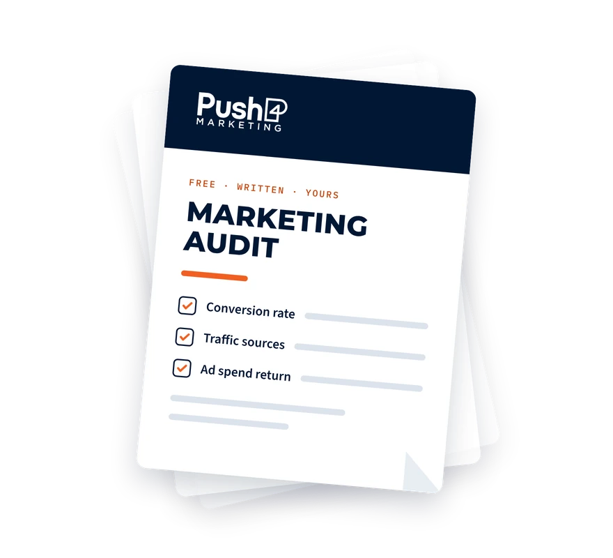 A Push 4 Marketing audit document covering conversion rate, traffic sources and ad spend return