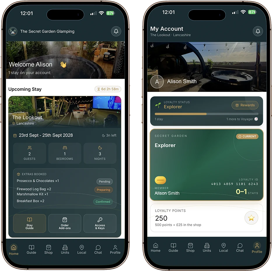 The Secret Garden Glamping app on two phones: an upcoming stay with booked extras, and a guest account with loyalty status and points