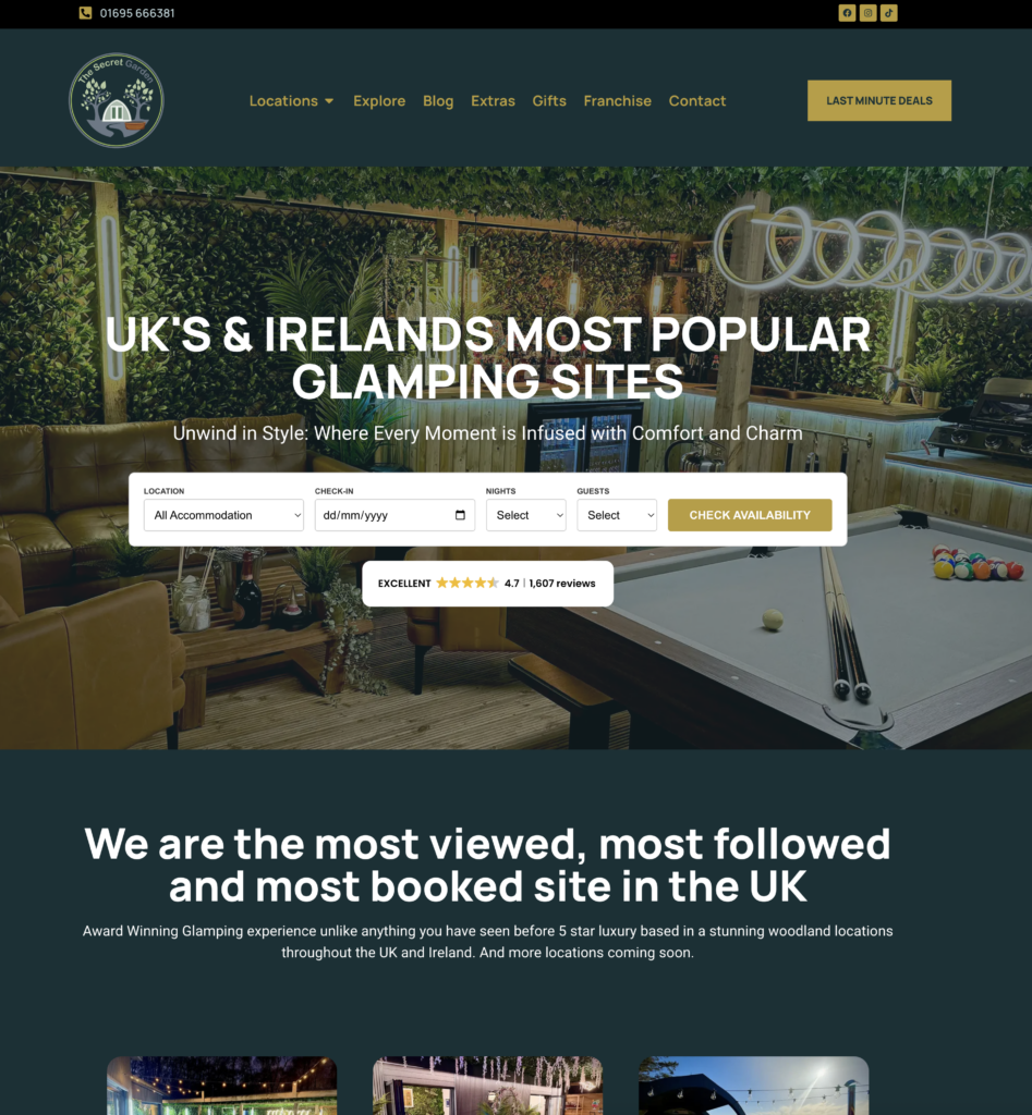 The Secret Garden Glamping website homepage