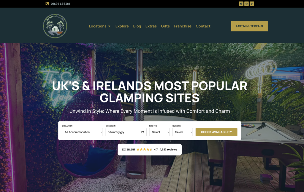The Secret Garden Glamping website home page, with the booking search bar