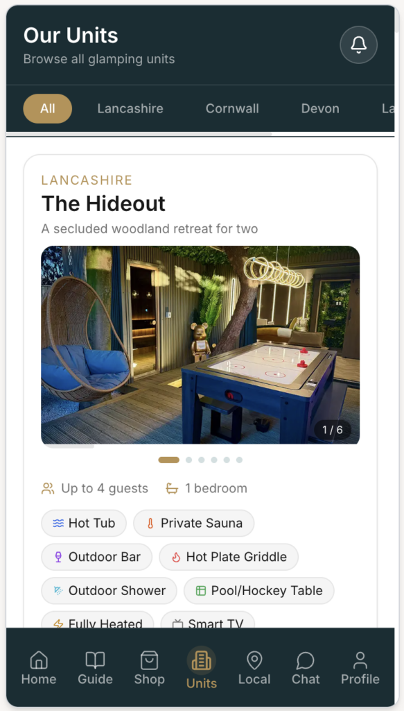 The Secret Garden Glamping guest app, units screen with availability by region