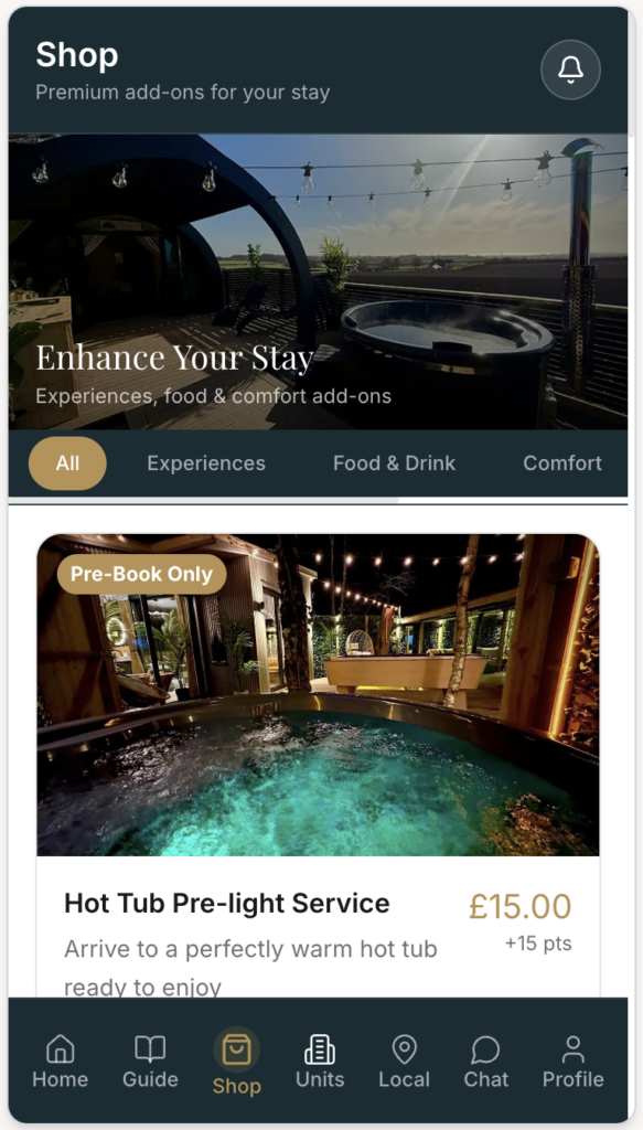 The Secret Garden Glamping guest app, shop screen selling extras for a stay