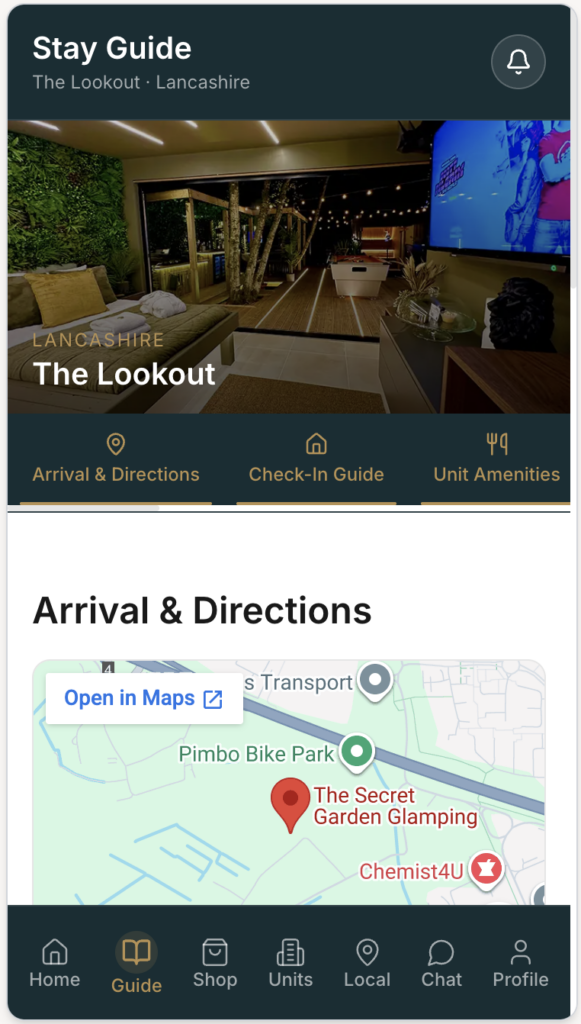 The Secret Garden Glamping guest app, stay guide screen
