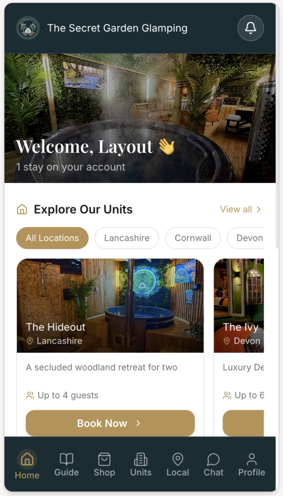 The Secret Garden Glamping guest app, welcome screen