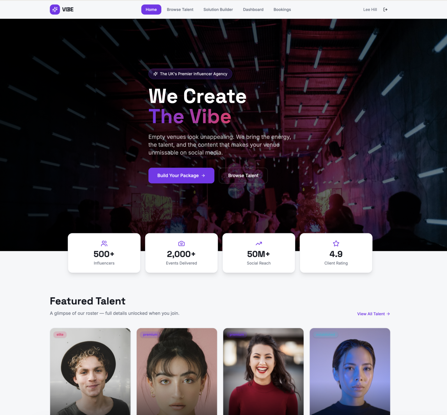 Vibe influencer agency website homepage